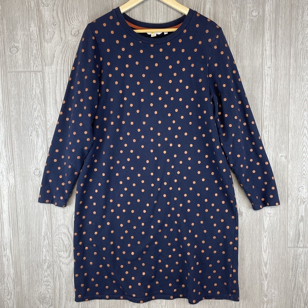 Boden Navy Blue Long Sleeve Polka Dot Dress with Copper Dots